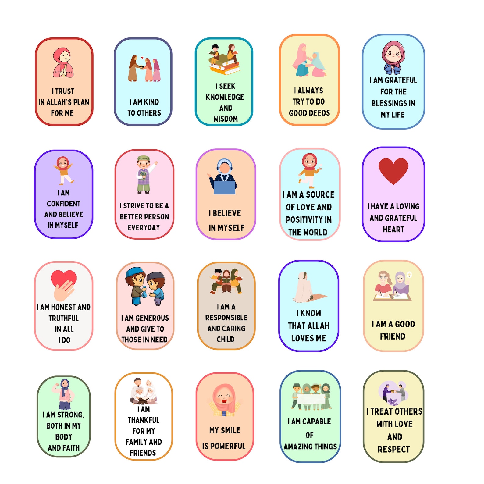 Islamic Affirmation Cards for Kids-20, Printable Affirmation Cards ...