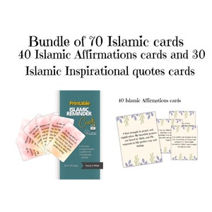 70 afdrukbare islamitische affirmatieskaarten, islamitische affirmatieskaartenbundel. 40 Affirmatieskaarten en 30 Islamitische inspirerende citatenkaarten