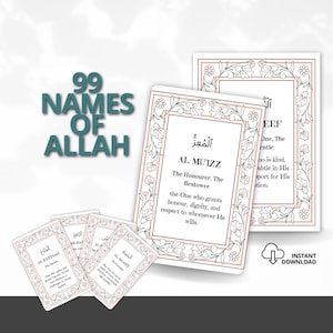 99 tarjetas didácticas de los nombres de Alá, tarjetas didácticas islámicas, islámicas digitales imprimibles, Asma ul Husna, corán, recursos islámicos, tarjetas musulmanas, Corán.