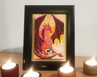 Tableau dragon - Peinture acrylique sur toile - Peinture dragon - Peinture rouge - Certificat oeuvre originale