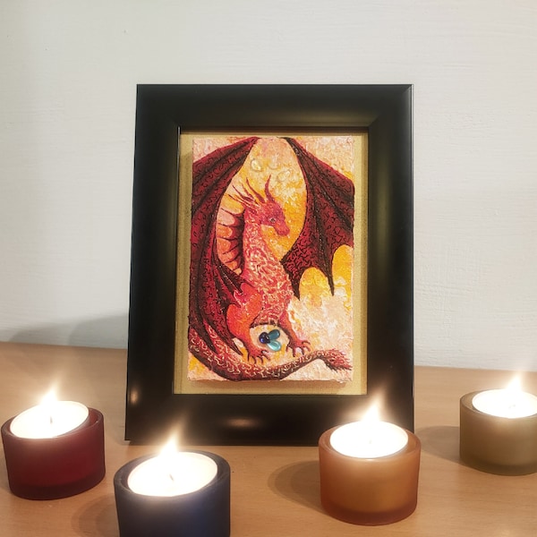 Tableau dragon - Peinture acrylique sur toile - Peinture dragon - Peinture rouge - Certificat oeuvre originale