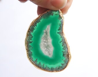 1 x Large Green Agate Slice with Gold Plated Edging Genuine Gemstone Pendants Charms For Jewellery Making DIY Supplies Druzy Geode Agate