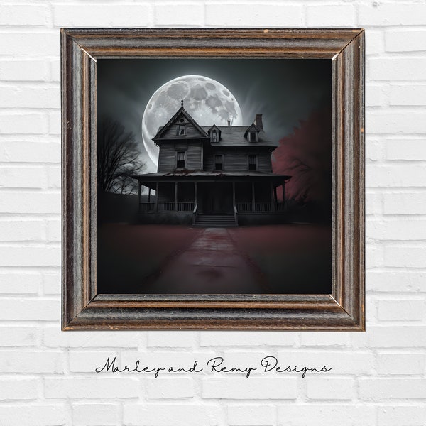 PRINTABLE Halloween Wall Art, Mysterious, Dark, Moody Print, Spooky Season, Abandoned House, Full Moon, Digital Download P007