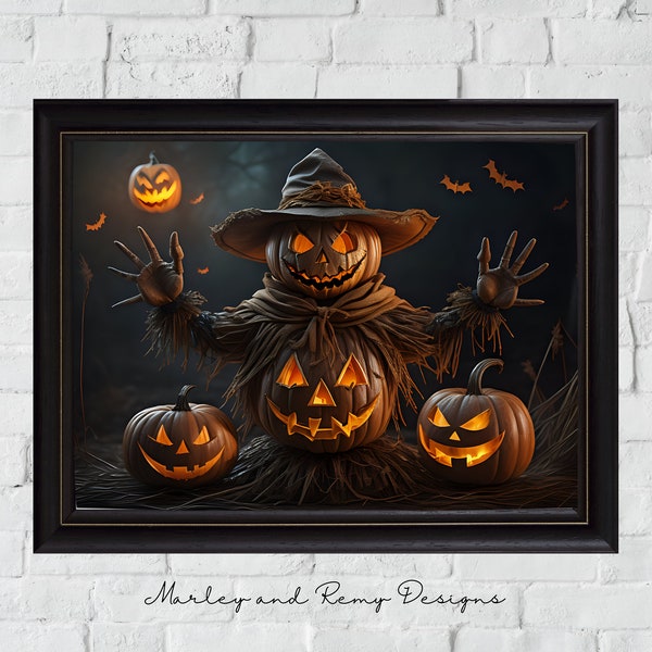 PRINTABLE Halloween Wall Art, Carved Pumpkin Scarecrow, Dark Moody Print, Spooky Season, Halloween Printable, Digital Download P001