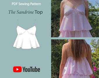 May include: A light pink tiered top with thin straps. The image includes a line drawing of the top and two photos of the top being worn. The text "PDF Sewing Pattern" and "The Sandrine Top" are displayed. A YouTube logo is also visible.