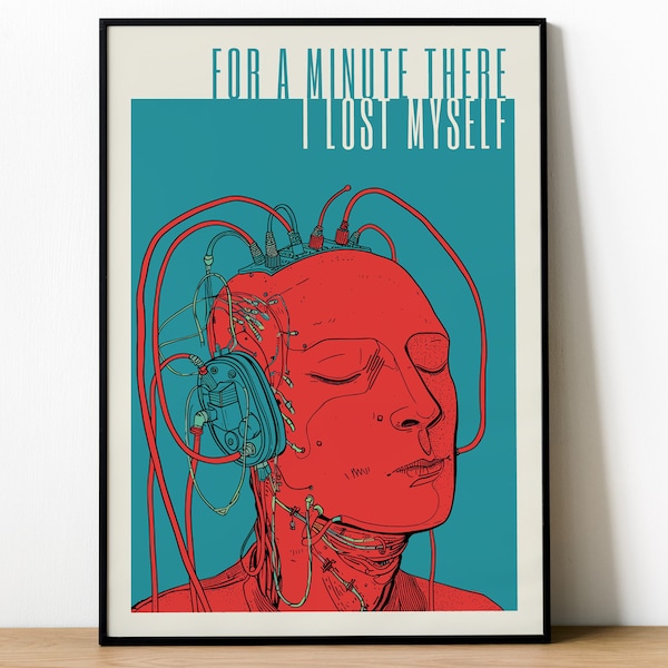 Radiohead - Karma Police Lyric Poster Print | Featuring the lyric "For a minute there I lost myself" | Cyborg manga music poster