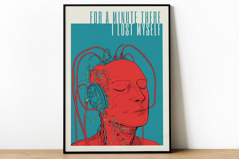 Radiohead Karma Police Lyric Poster Print Featuring the lyric For a minute there I lost myself Cyborg manga music poster image 1