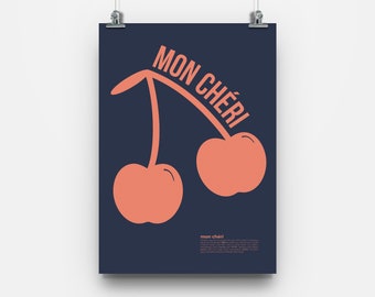 Mon Cheri Poster Print |  "My darling" poster featuring a pair of cherries | Valentines Gift