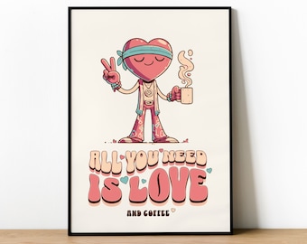 All You Need Is Love And Coffee - The Beatles Fun Lyric Poster Print | Love Heart Rubber Hose Animation Wall Art