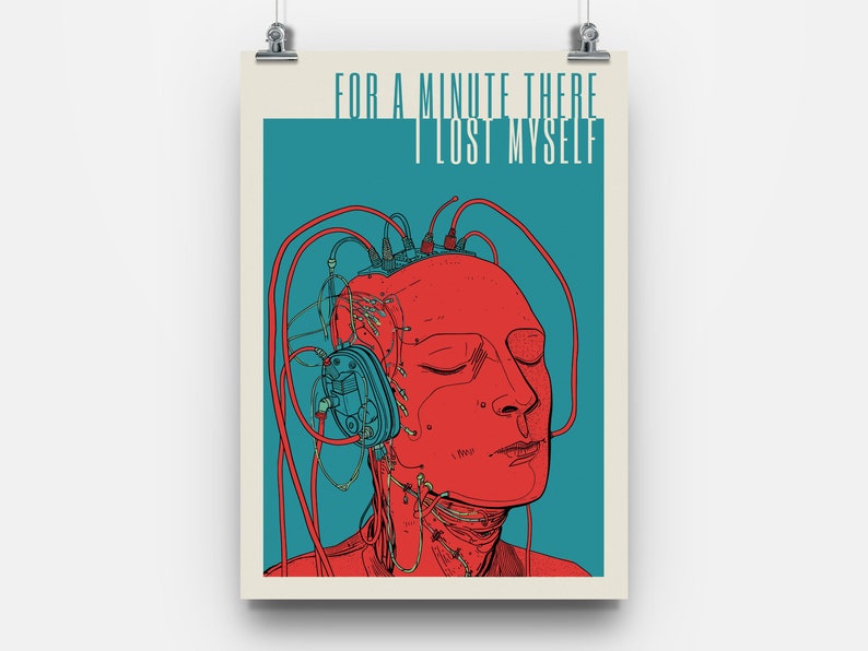 Radiohead Karma Police Lyric Poster Print Featuring the lyric For a minute there I lost myself Cyborg manga music poster image 4