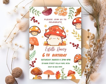 May include: A white invitation card with a mushroom theme. The card features a cartoon mushroom with a smiling face and the text "Estelle Darcy 6th Birthday". The invitation includes the date, time, and location of the party.
