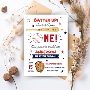 Invitation modifiable de premier anniversaire de baseball, fête d'anniversaire, maquette d'invitation d'anniversaire de modèle, pour garçon, pour enfants, pour filles