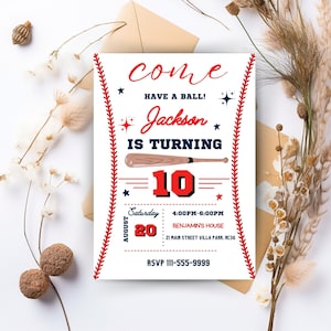 Invitation d'anniversaire de baseball modifiable, fête d'anniversaire de baseball, maquette d'invitation d'anniversaire, invitation d'anniversaire de softball