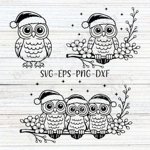 May include: Black and white illustration of owls wearing Santa hats. One owl stands alone, while others perch on branches with flowers. The image includes the text "SVG-EPS-PNG-DXF".