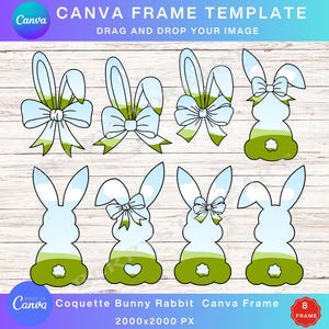 Könnte beinhalten: Acht druckbare Rahmen mit einer Hasensilhouette mit Schleife und Ohren. Die Rahmen sind für die Verwendung mit Canva konzipiert und haben eine Größe von 2000 x 2000 Pixel.