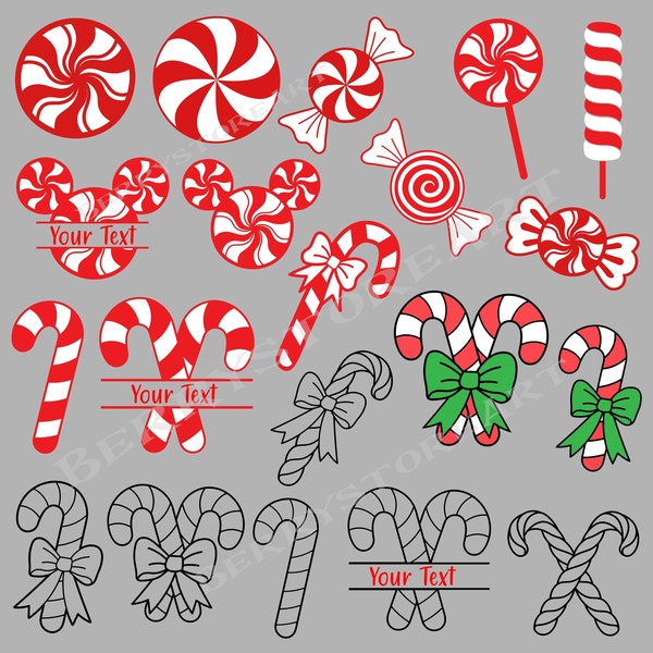 Candy Cane SVG, Christmas Candy Svg, Candy Canes Clipart, Holiday Candy SVG, Peppermint Candy Cane, Candy Cane with Bow, Digital download