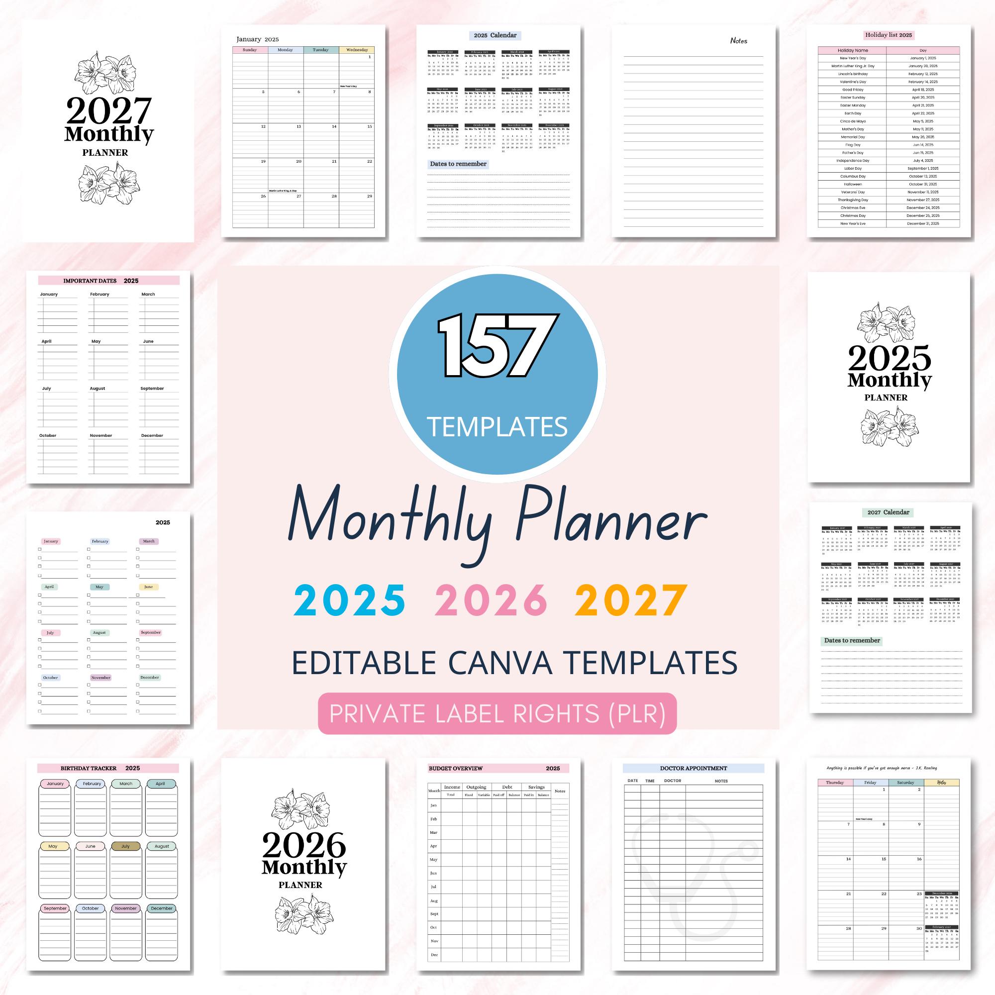PLR Resell Digital Monthly Planner 2025-2027: Canva Editable (Instant Download)