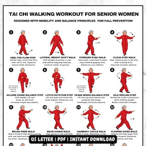 May include: A detailed infographic for a Tai Chi walking workout for senior women, designed for mobility and balance. The guide features 16 illustrated steps, each with a description. The text includes "US LETTER | PDF | INSTANT DOWNLOAD".