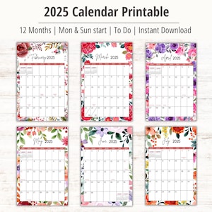 Mini Calendar 2025, Watercolor Floral Monthly Calendar, Desk and Wall Printable Calendar Planner, Aesthetic Calendar, Small Calendar 2025