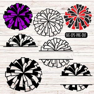 May include: A set of 8 SVG cut files featuring different designs of cheerleading pom poms. The designs include black and white, purple and white, and red and black pom poms. The files are perfect for creating personalized gifts, home decor, or crafting projects.