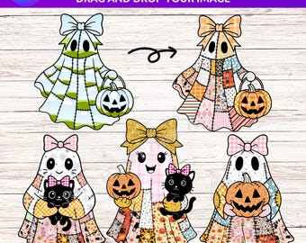 May include: A digital illustration featuring five patchwork ghost designs with bows, holding pumpkins or black cats. The text "CANVA FRAME TEMPLATE" and "DRAG AND DROP YOUR IMAGE" are at the top. The number "4" and the text "Patchwork Halloween Ghost Coquette Bow" are at the bottom.