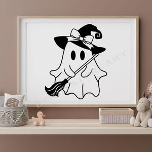 May include: Black and white illustration of a ghost wearing a witch hat and holding a broom. The ghost has a cute, friendly expression.