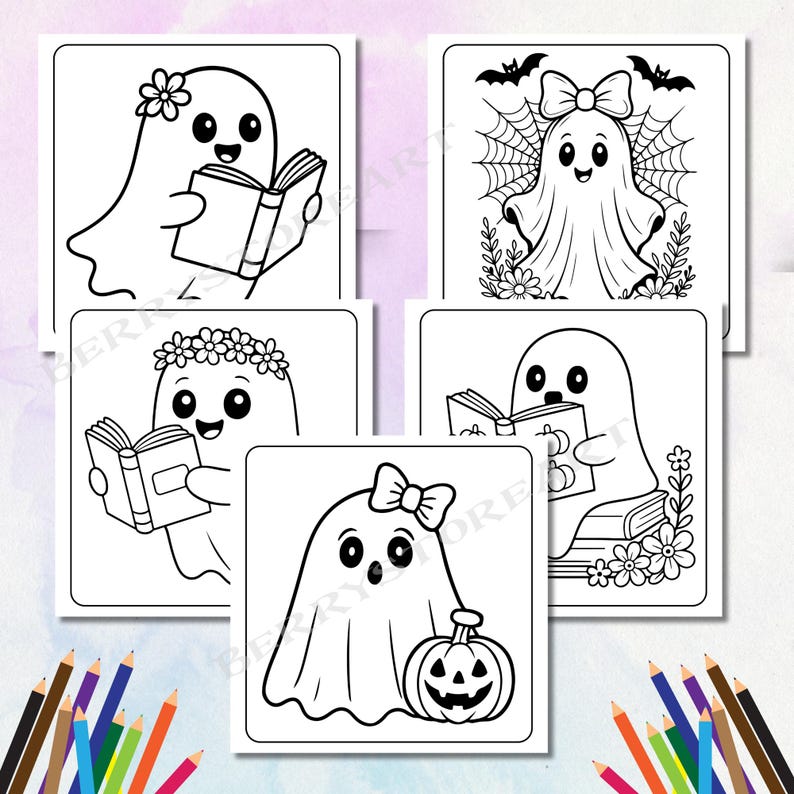 K&ouml;nnte beinhalten: F&uuml;nf Halloween-Malvorlagen in Schwarz-Wei&szlig; mit Cartoon-Geistern. Jeder Geist hat ein einzigartiges Design, darunter eine Blume, eine Schleife, ein Spinnennetz und ein K&uuml;rbis. Einige Geister lesen B&uuml;cher.