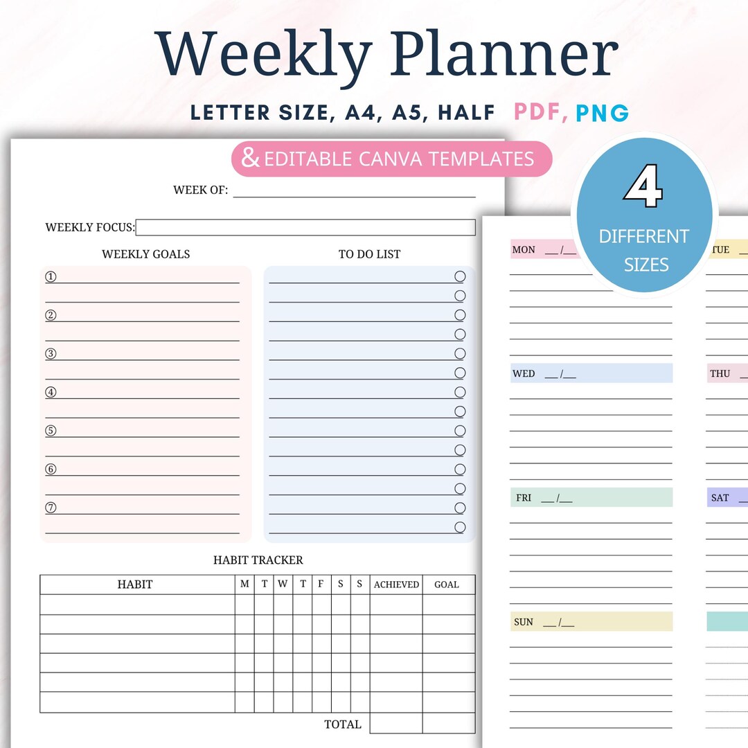 Editable Weekly Planner: Canva Template, A4, A5, Letter - Etsy