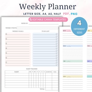 May include: A printable weekly planner template in PDF and PNG format. The planner includes sections for weekly focus, goals, to-do list, habit tracker, and a daily schedule. The template is available in four different sizes: Letter, A4, A5, and Half.