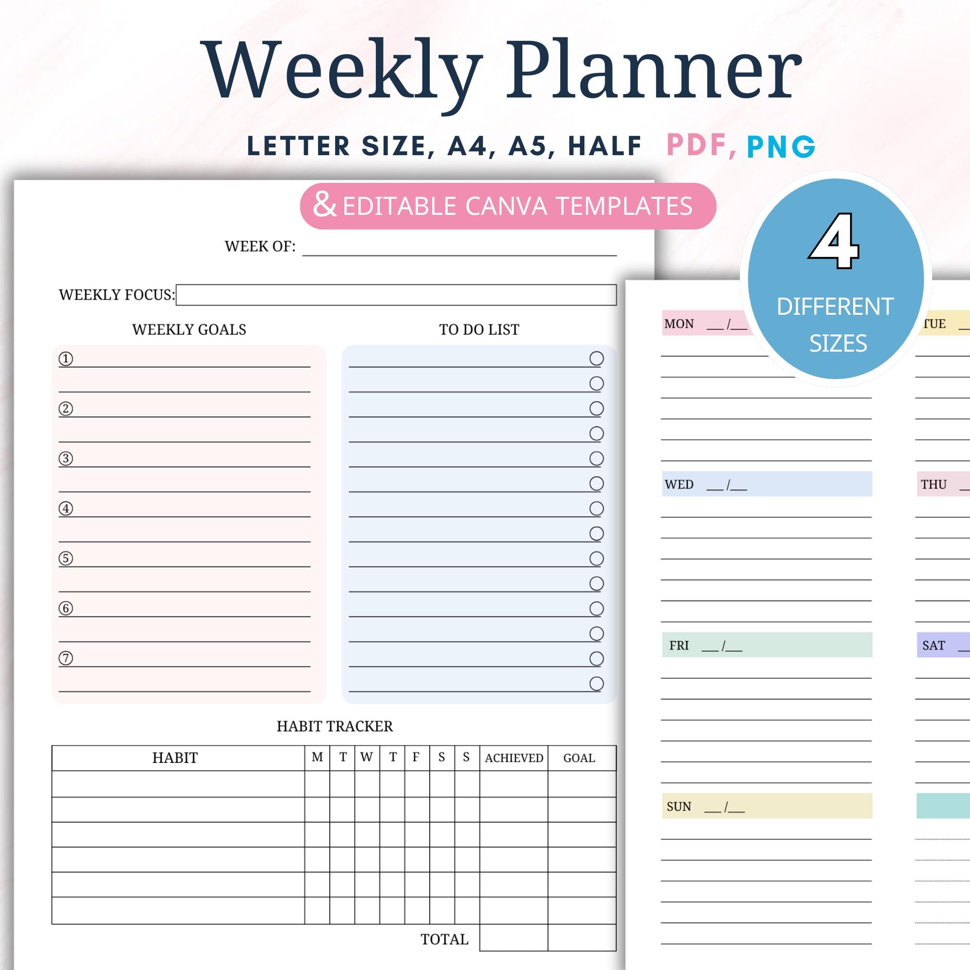 Editable Weekly Planner: Canva Template, A4, A5, Letter - Etsy