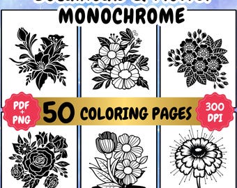 Monochrome Coloring Pages: One color Botanicals & Flower Relaxation (PDF, PNG Download)