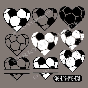 May include: Set of nine black and white soccer ball heart designs. The designs include solid, distressed, and split heart designs. The text "SVG-EPS-PNG-DXF" is at the bottom of the image.