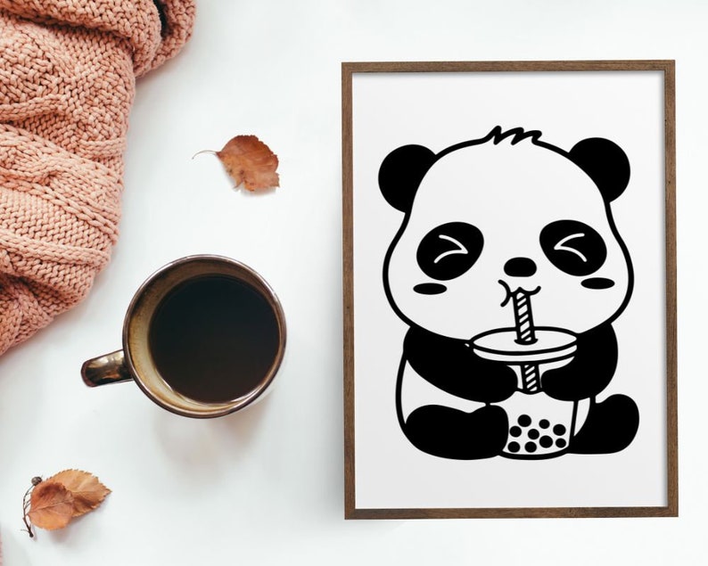 Cute Panda Drinking Bubble Tea Svg, Panda Drinking Boba Tea Svg, Kawaii ...