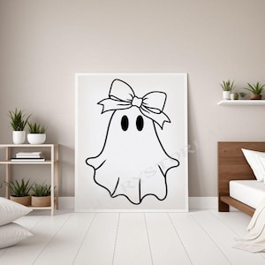 May include: A black and white illustration of a ghost wearing a bow. The ghost has two eyes and a simple, rounded shape.