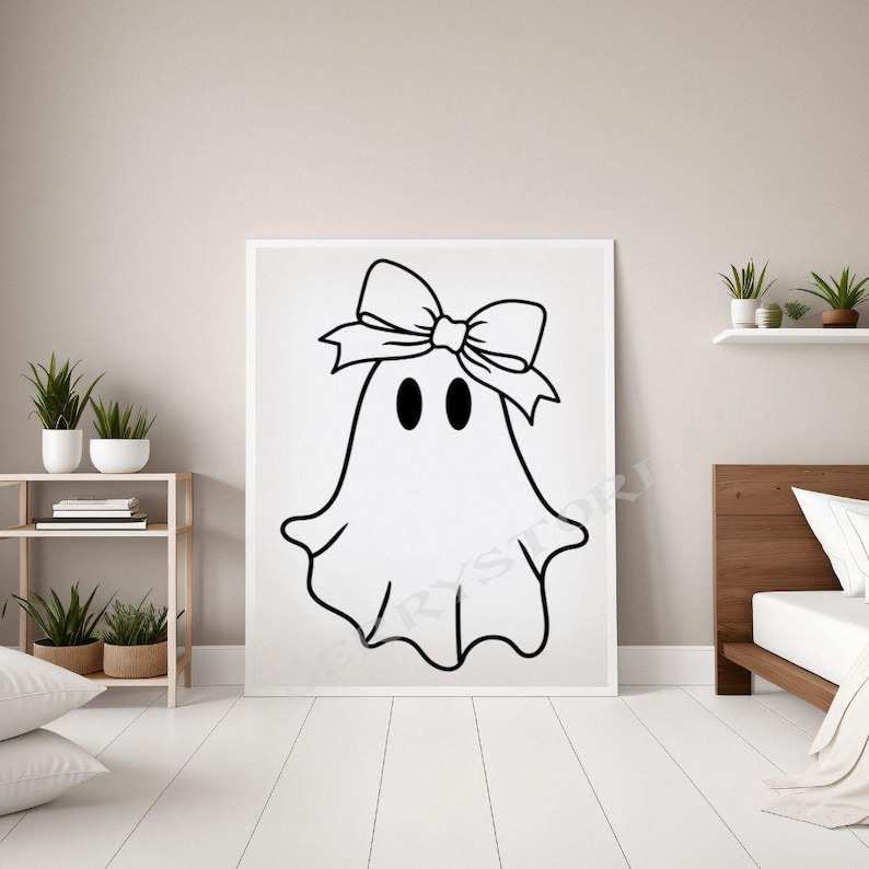 May include: A black and white illustration of a ghost wearing a bow. The ghost has two eyes and a simple, rounded shape.