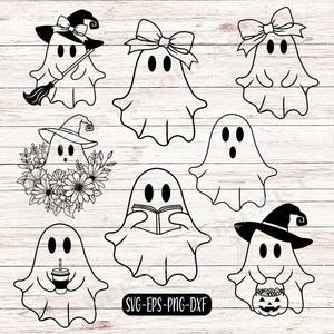 Pode incluir: Um conjunto de dez ilustrações de fantasmas em preto e branco. Os fantasmas estão em várias poses, incluindo segurando um livro, uma bebida, um balde de doces e usando um chapéu de bruxa. Os fantasmas estão todos delineados em preto e têm traços faciais simples.