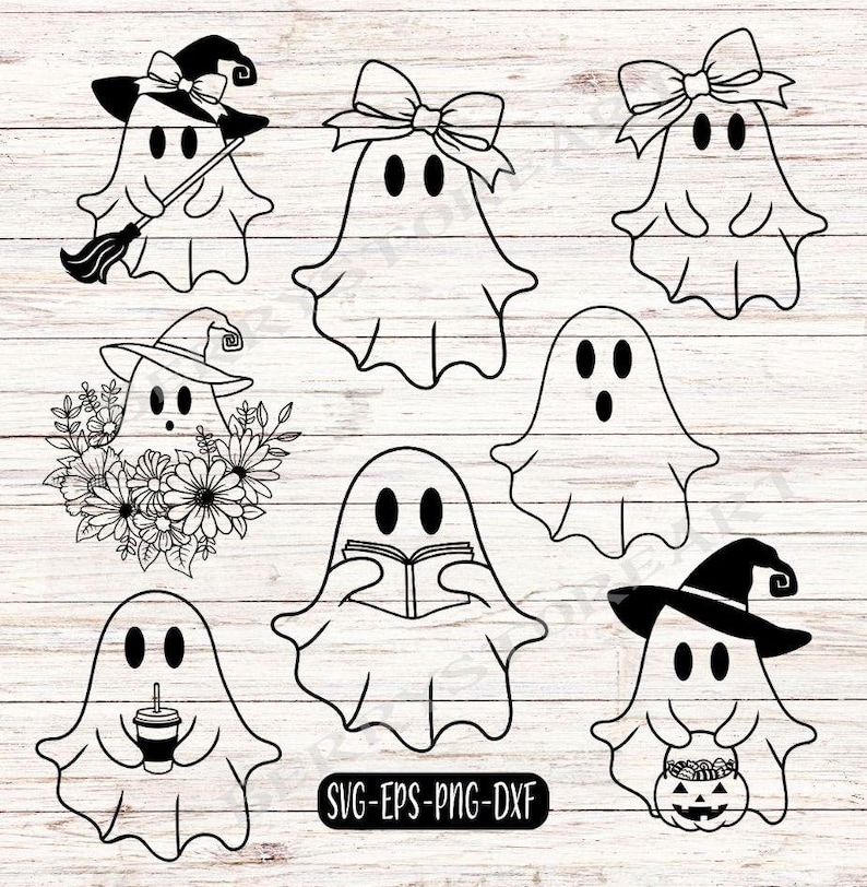 May include: A set of ten black and white ghost illustrations. The ghosts are in various poses, including holding a book, a drink, a bucket of candy, and wearing a witch's hat.  The ghosts are all outlined in black and have simple facial features.