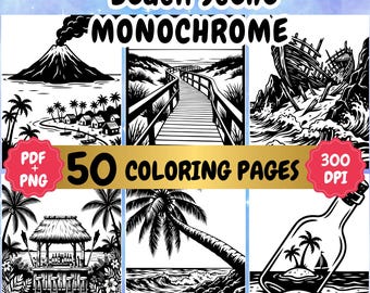 Monochrome Coloring Pages: One color Beach Scen  (PDF, PNG Download)