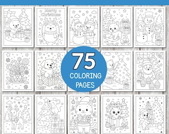 Könnte beinhalten: Eine Sammlung von 75 ausdruckbaren Weihnachtsmalvorlagen für Kinder. Die Seiten zeigen verschiedene festliche Bilder, darunter Tiere, Weihnachtsbäume und Dekorationen. Der Text oben lautet "Weihnachtsmalvorlagen für Kinder."