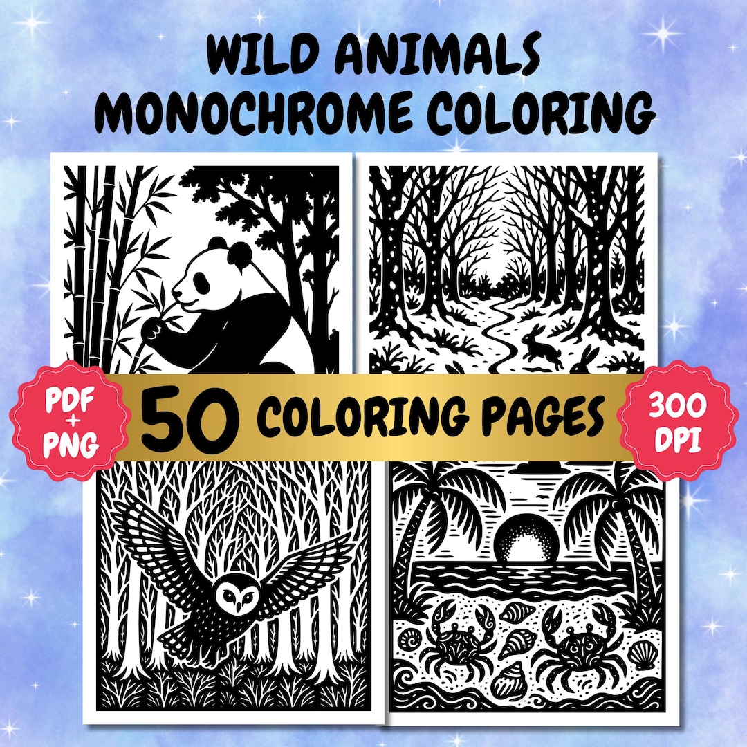 Monochrome Coloring Pages: One Color Wild Animals (PDF, PNG Download ...