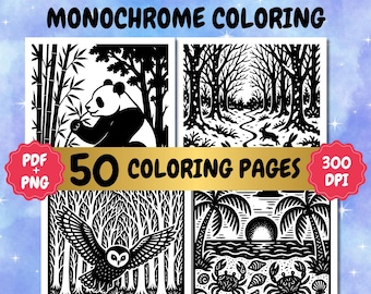 Monochrome Coloring Pages: One color wild animals (PDF, PNG Download, Color By Number)