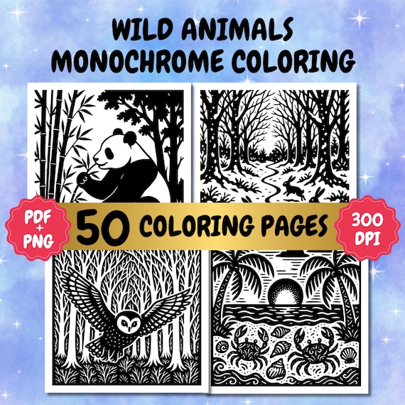 Monochrome Coloring Pages: One color wild animals (PDF, PNG Download, Color By Number)