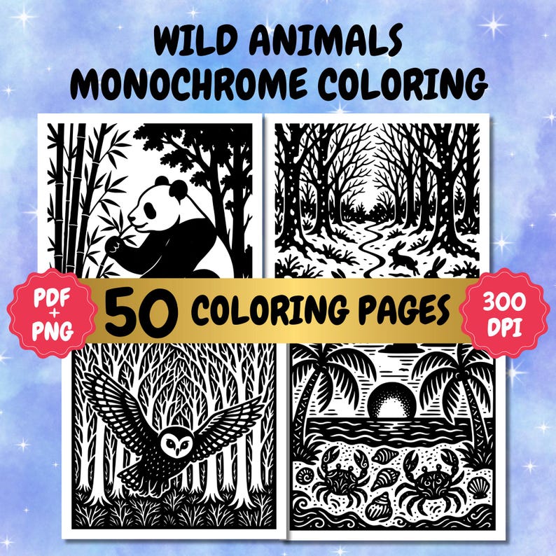 Monochrome Coloring Pages, One Color, Wild Animals, Adult Coloring Book, Mindfulness, Relaxation, Stress Relief, Art Therapy, Digital Download, PDF, PNG, Procreate, iPad Coloring, Wildlife, Jungle Creatures, Forest Animals, Detailed Line Art, Intricate Patterns, Zen Meditation, Aesthetic Design, Hand Drawn Sheets, Mental Wellness, Calming Activity, Quiet Hobby, Healing Craft, Lion, Tiger, Elephant, Wolf, Bear, Fox, Deer, Owl, Eagle, Leopard, Cheetah, Panda, Nature Escapes, Safari, Zentangle Art
