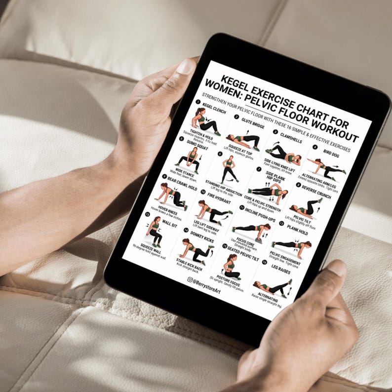 May include: A black tablet displays a Kegel exercise chart for women. The chart includes 16 simple and effective exercises to strengthen the pelvic floor. The tablet is held by a person on a light-colored surface.