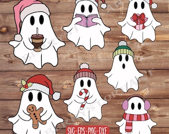 May include: Set of seven Christmas ghost illustrations. Each ghost is wearing a different festive hat, including a Santa hat, a stocking cap, and a beanie. The ghosts are holding various Christmas-themed items, such as a book, a gift, a candy cane, and a gingerbread man.