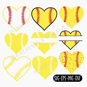 Puede incluir: Conjunto de diez diseños de corazón con temática de softball en amarillo, blanco y rojo. Los diseños incluyen corazones sólidos, corazones con costuras y corazones con un aspecto desgastado. El texto "SVG-EPS-PNG-DXF" está en la parte inferior de la imagen.