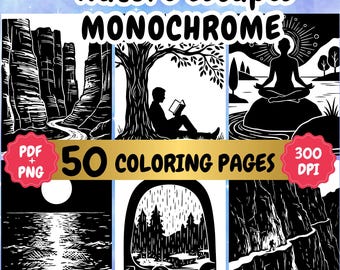 Monochrome Coloring Pages: One color Nature Escapes (PDF, PNG Download)