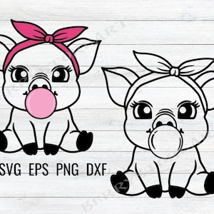 May include: Two black and white cartoon pig illustrations with pink bows and pink bubble gum. The pigs are sitting with their legs crossed and have big eyes.