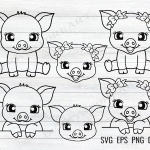 Contorno de cerdo bebé svg, archivo svg de cerdo lindo, clipart de cerdo, archivos de corte svg de cerdo para cricut y silueta, cerdo png, vector de cerdo, descarga digital