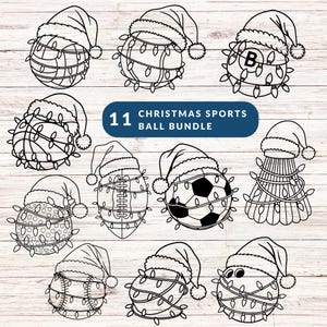 May include: Black and white line art of various sports balls, including a basketball, tennis ball, football, soccer ball, and baseball, each wearing a Santa hat and wrapped in Christmas lights. The image includes the text "11 Christmas Sports Ball Bundle."